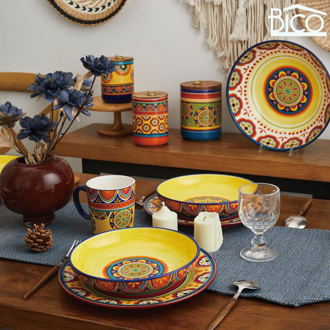 Bico lifestyle table setting showing patterned bowls enhancing a casual dinner