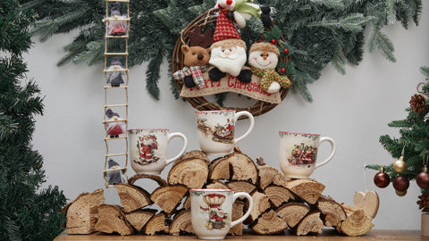 Bico train Santa mug focused on handle and painted label, durable finish