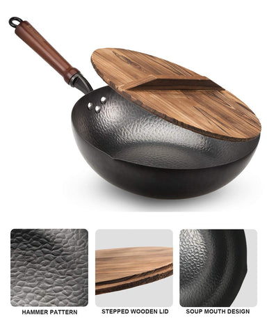 BIELMEIER wok with beechwood lid and accessories displayed for practical serving benefits