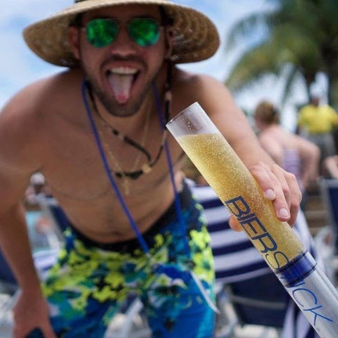 Bierstick on a beach party table showing social, outdoor use benefit