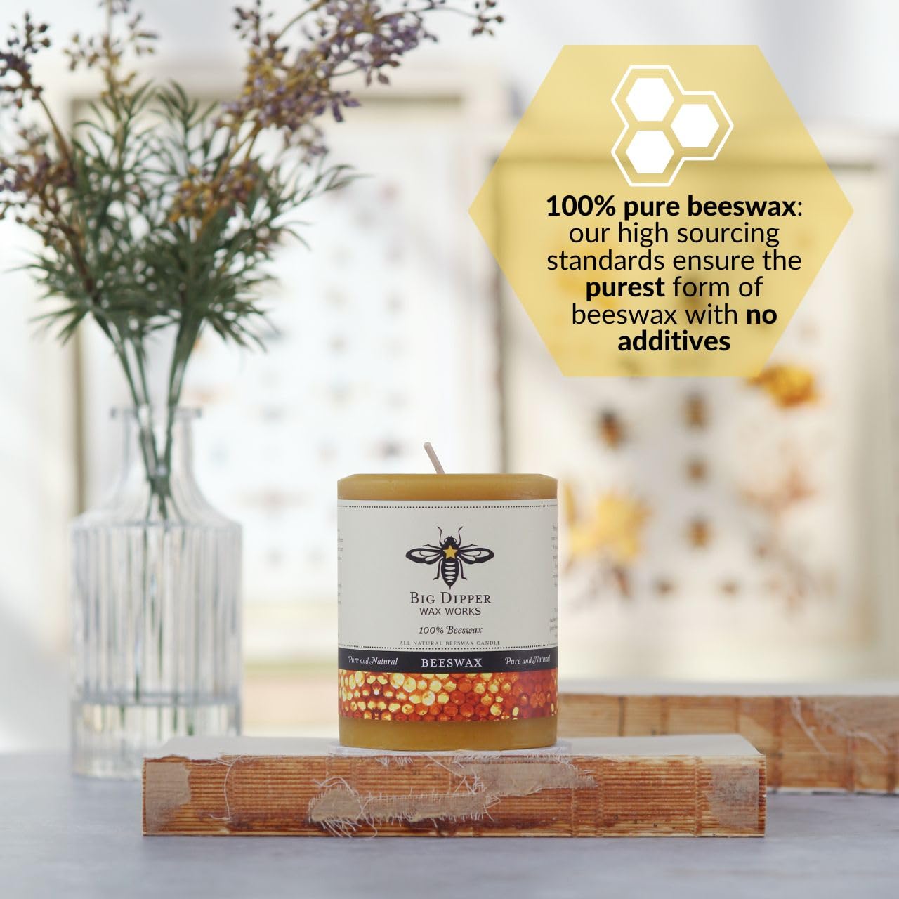 Big Dipper Wax Works burning candle demonstrating long burn and low smoke benefit