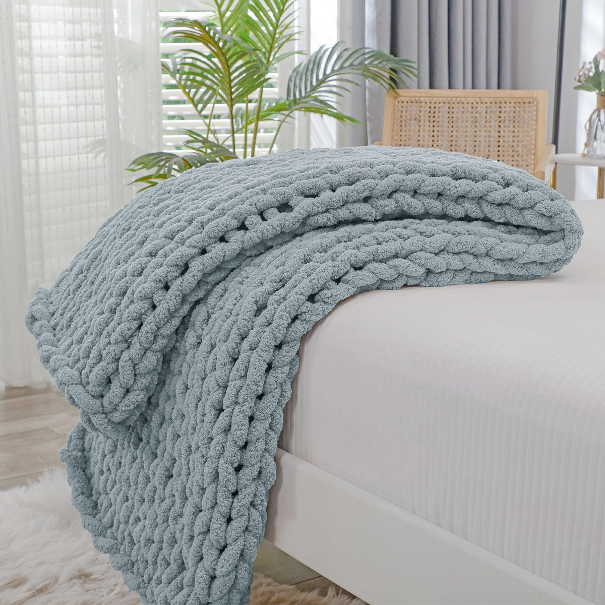 Bigacogo dusty blue throw front view shows textured cozy style