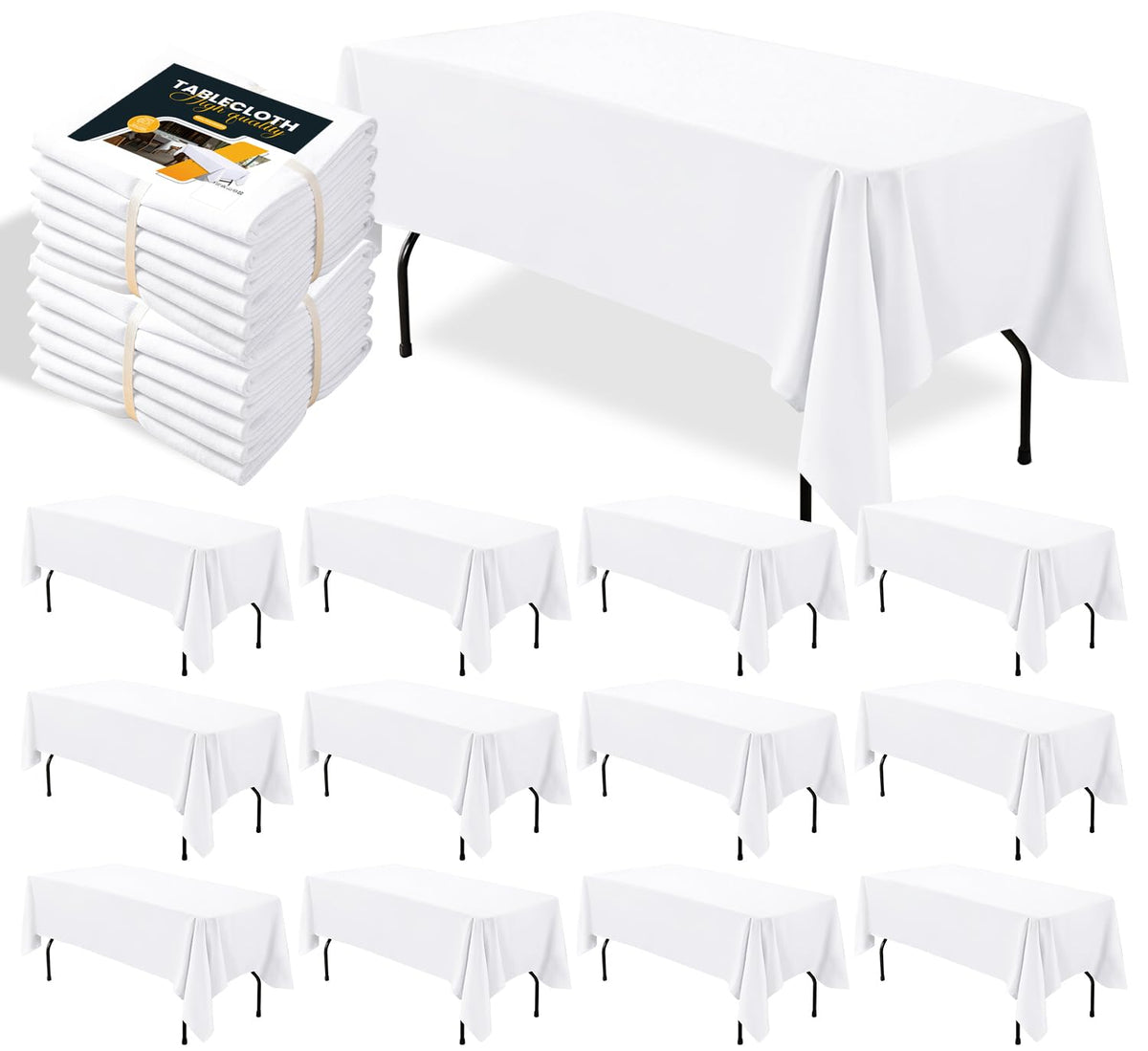 BIGTONE front view of 12-pack folded tablecloths showing value and neat packaging