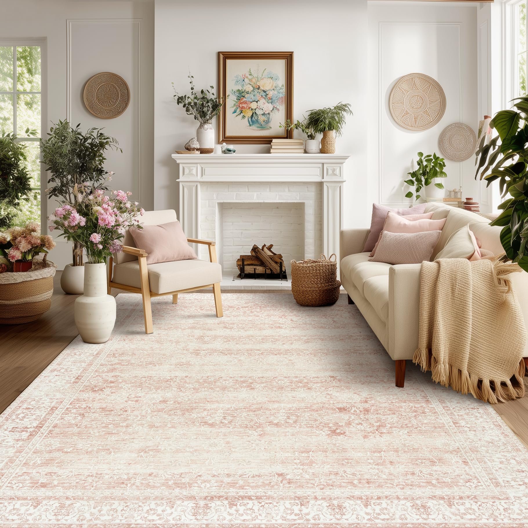 BILEEHOME front view showcasing blush pink floral rug and soft vintage look
