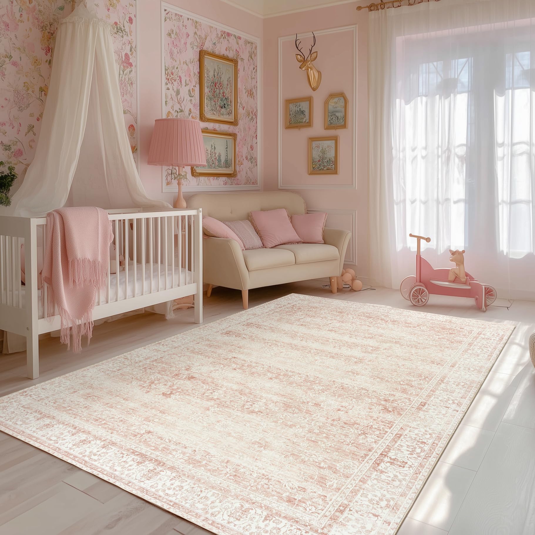 BILEEHOME light pink rug front view shows soft floral pattern and cozy appeal
