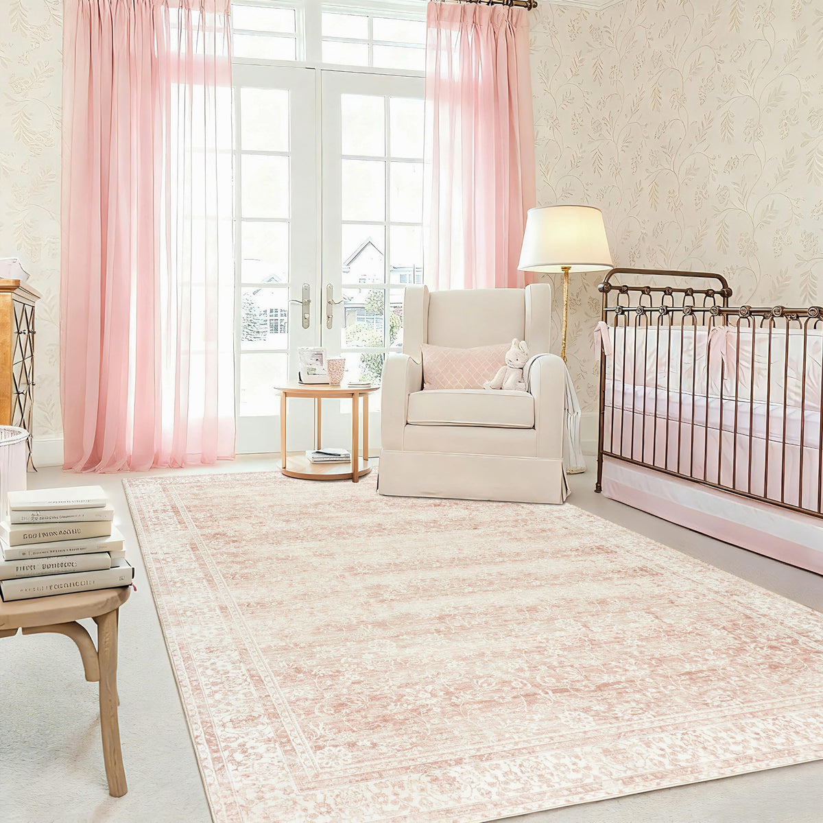 BILEEHOME pink rug front view showing vintage pattern and warm tone benefit