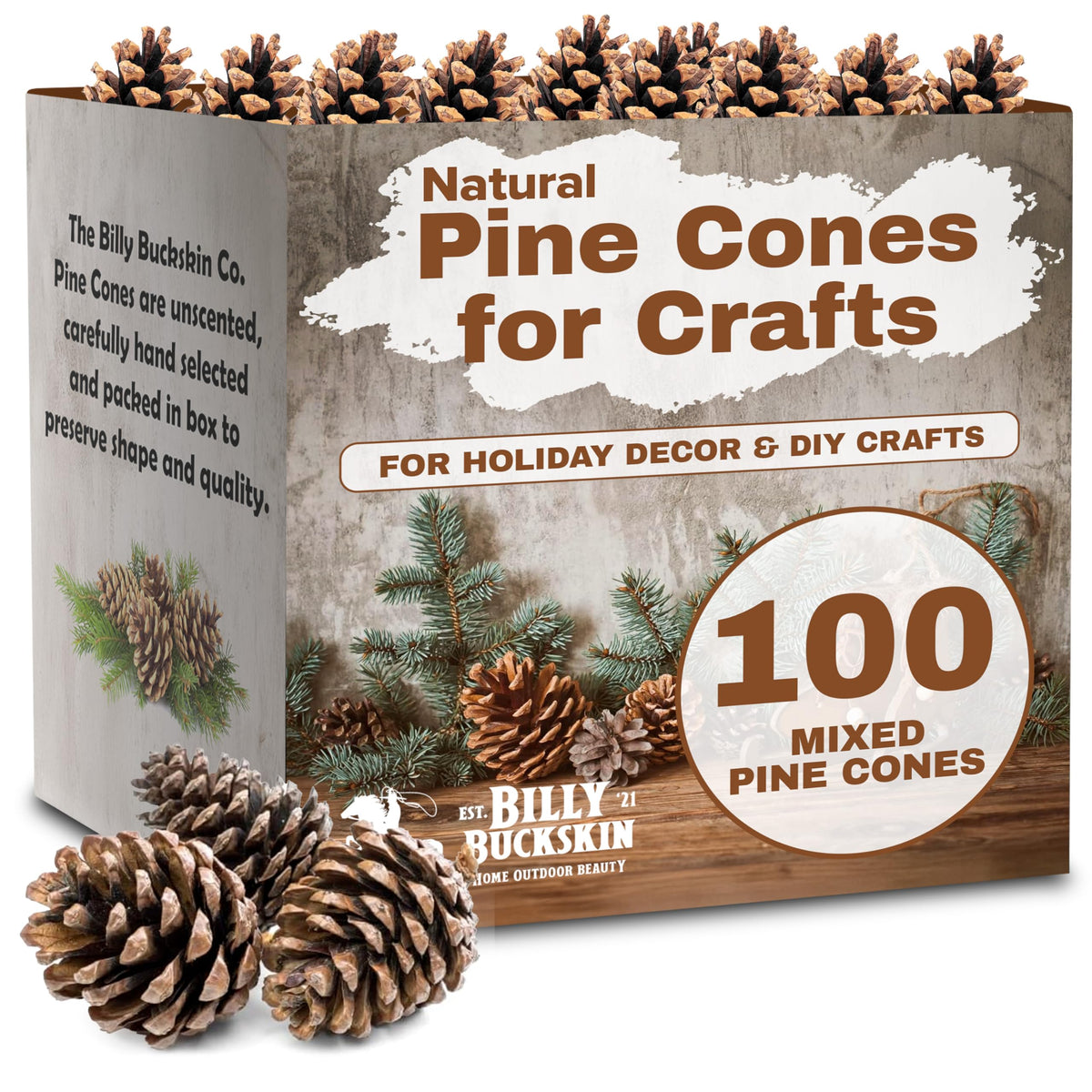 Billy Buckskin front packaging showing 100 pine cones, ready to craft