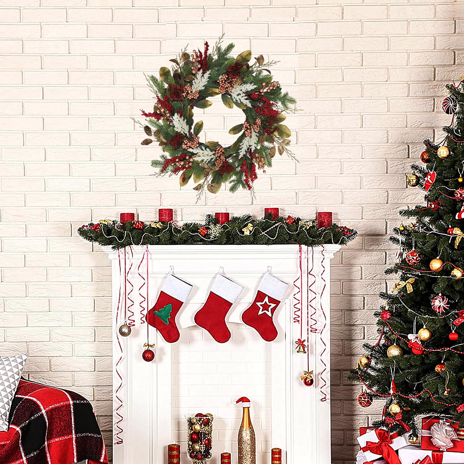 BINFEN wreath displayed above mantel creating warm holiday ambiance