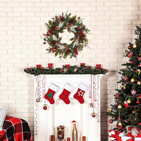 BINFEN wreath displayed above mantel creating warm holiday ambiance