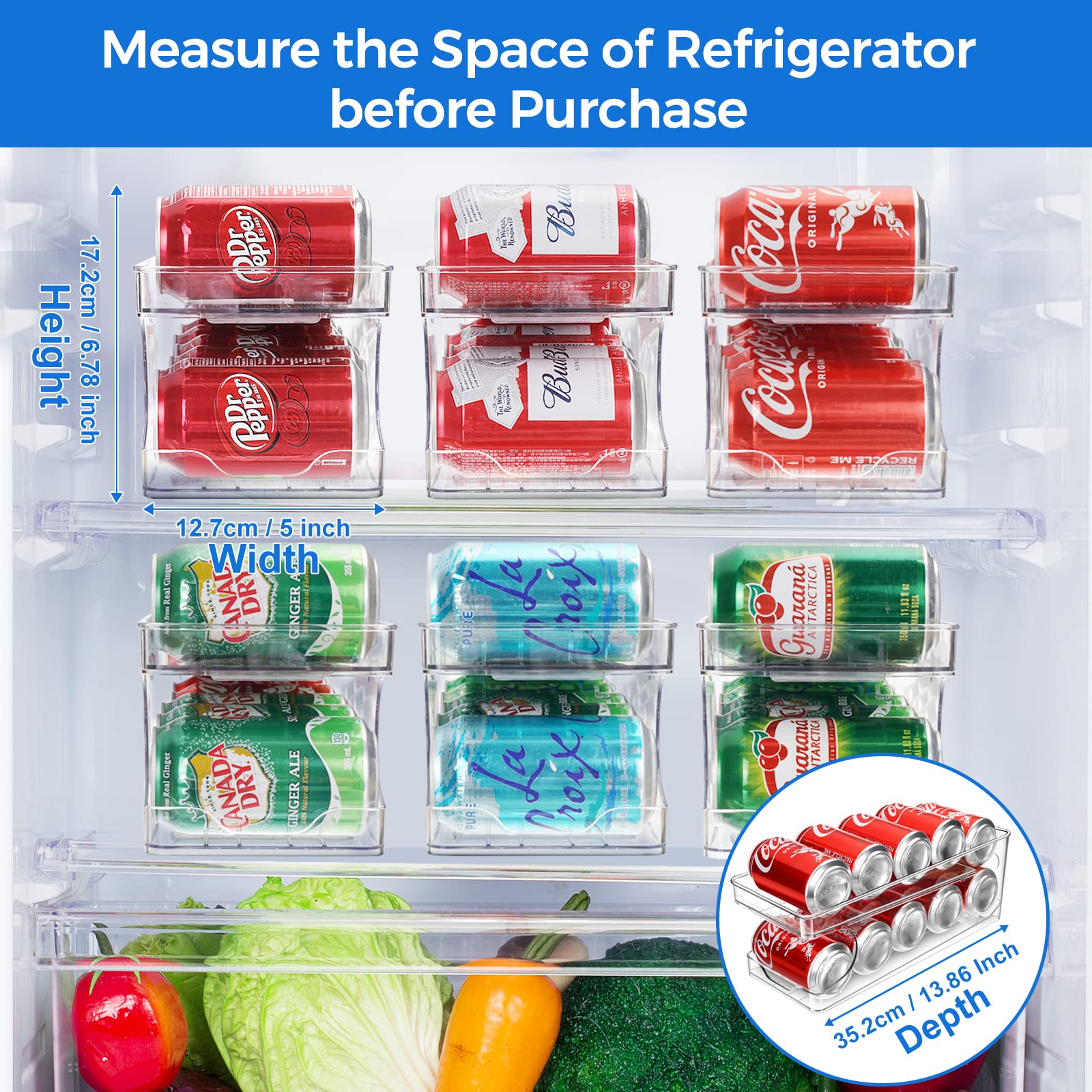 BingoHive organizer inside fridge holding different standard can sizes for space savings