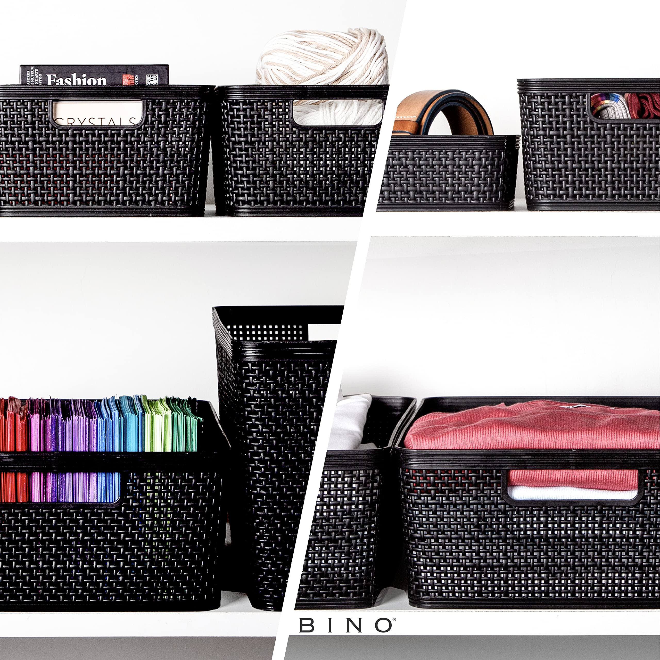 Stacked BINO baskets showing vertical space-saving and stable stacking benefit