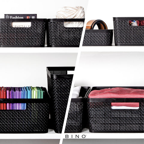 Stacked BINO baskets showing vertical space-saving and stable stacking benefit