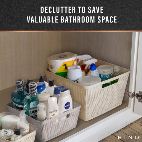 BINO basket under sink resisting moisture and organizing supplies