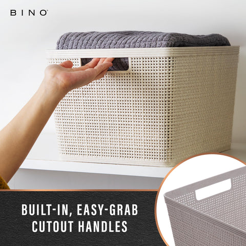 BINO baskets stacked in closet saving vertical space efficiently