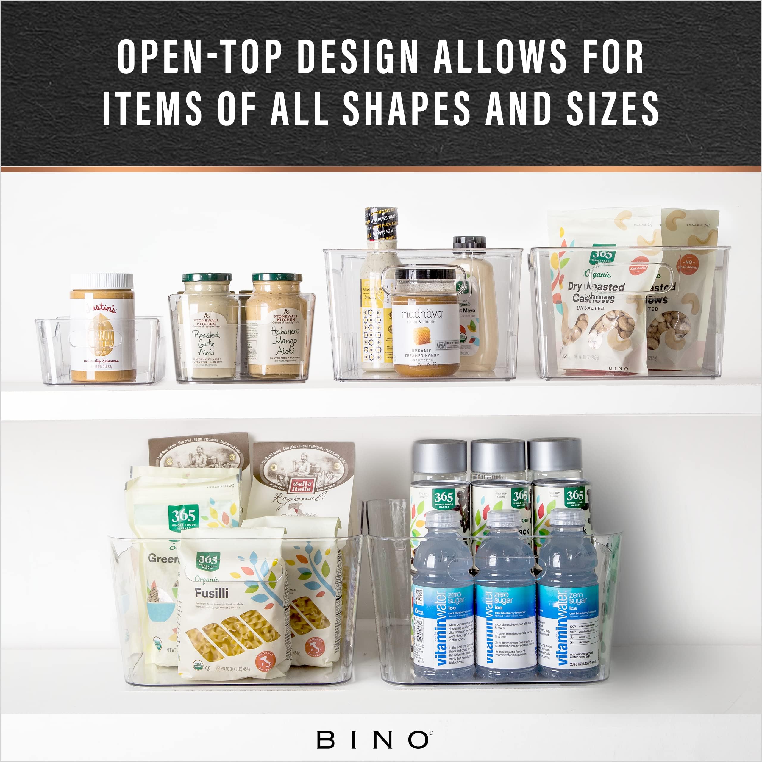BINO bin on pantry shelf holding canned goods to maximize space efficiency