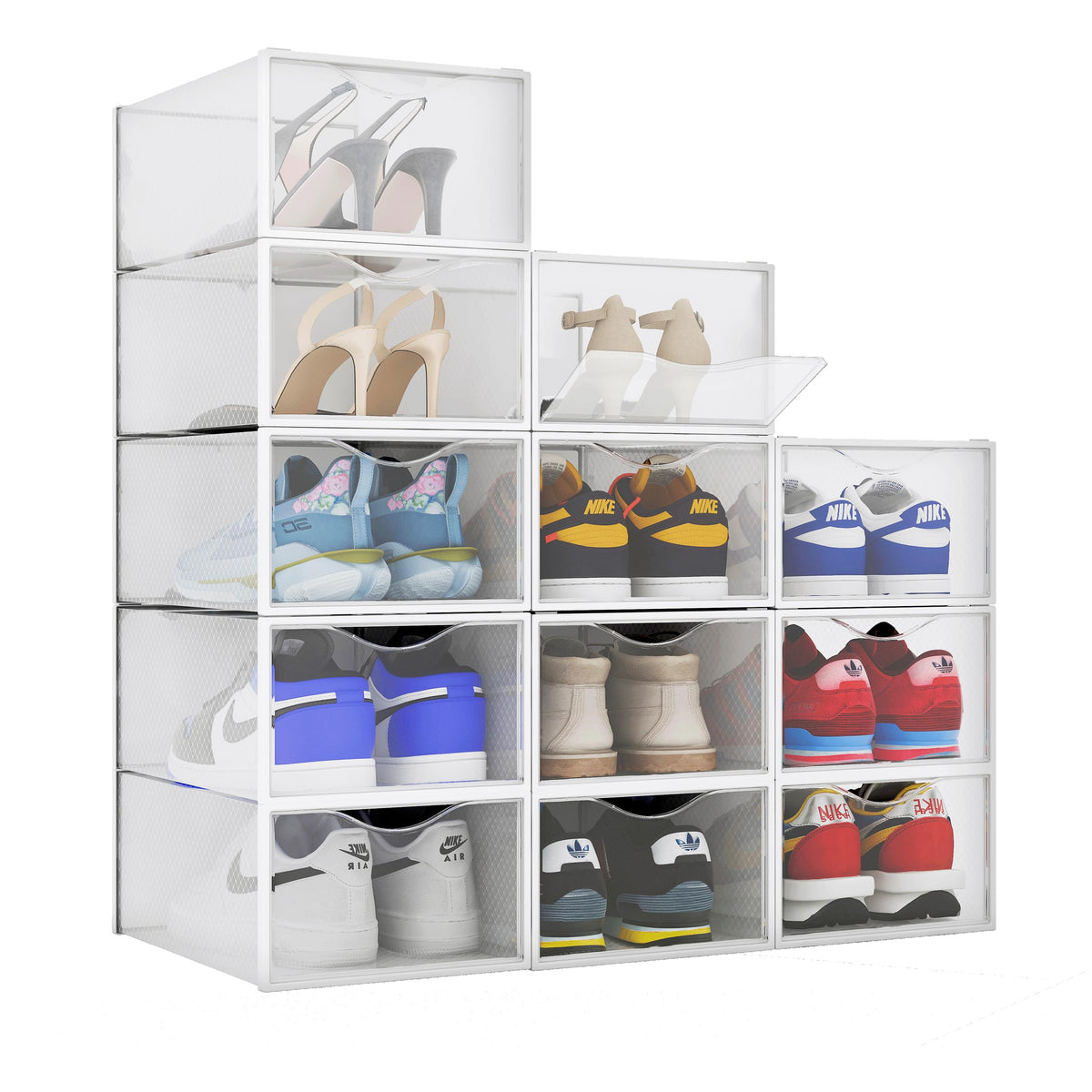 BINO clear front view pack of 12 showing organized shoes and easy selection benefit