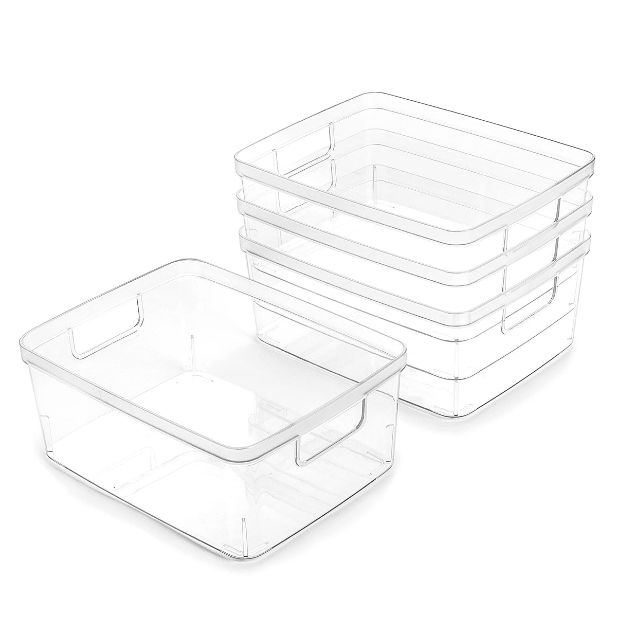 BINO clear bins front packaging showing four-pack and visibility benefit