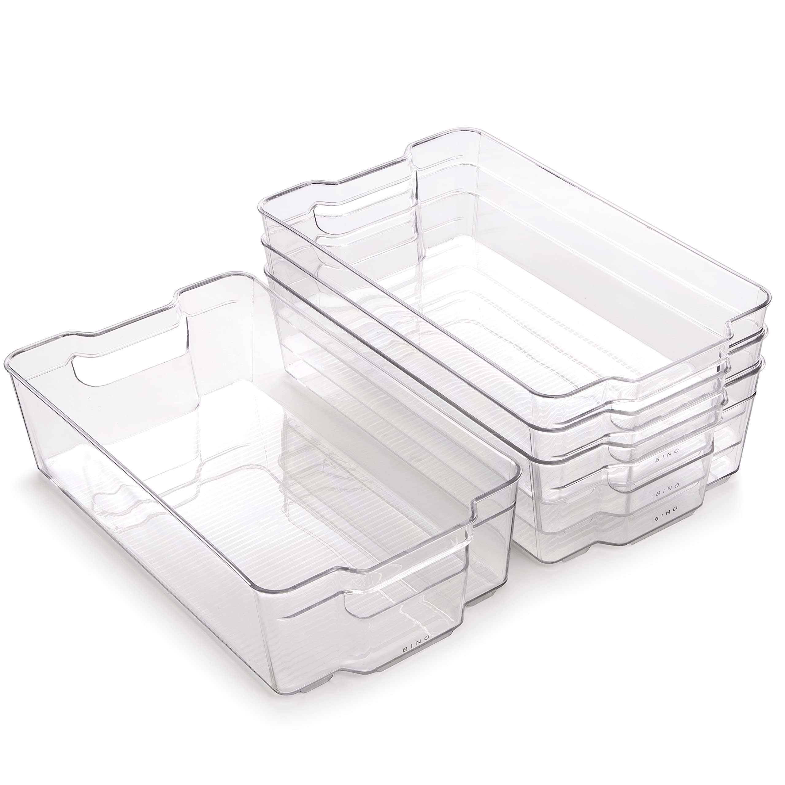BINO front view of 4-pack clear stackable bins showing organized storage benefit