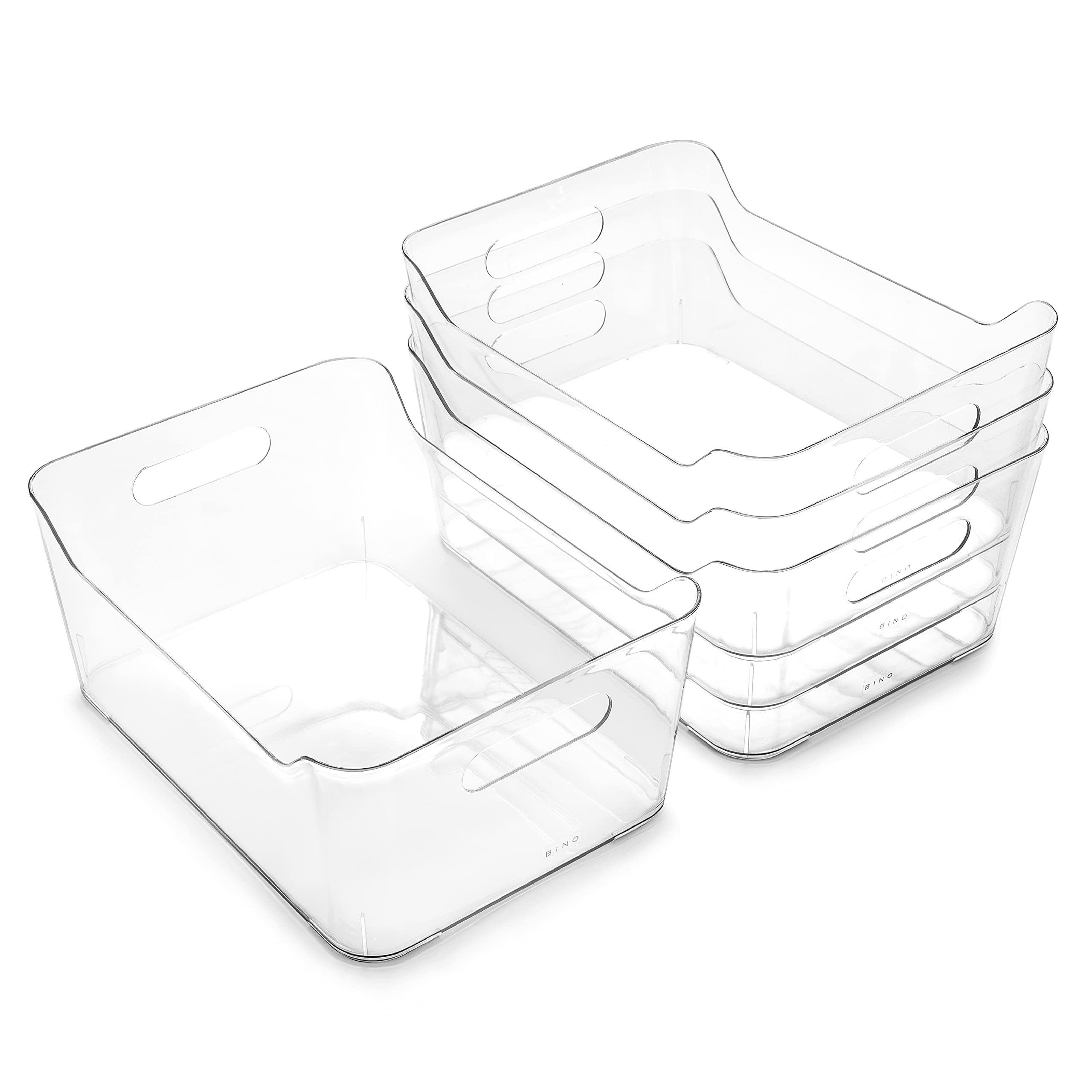 BINO front view of four clear organizer bins showing neat storage benefit