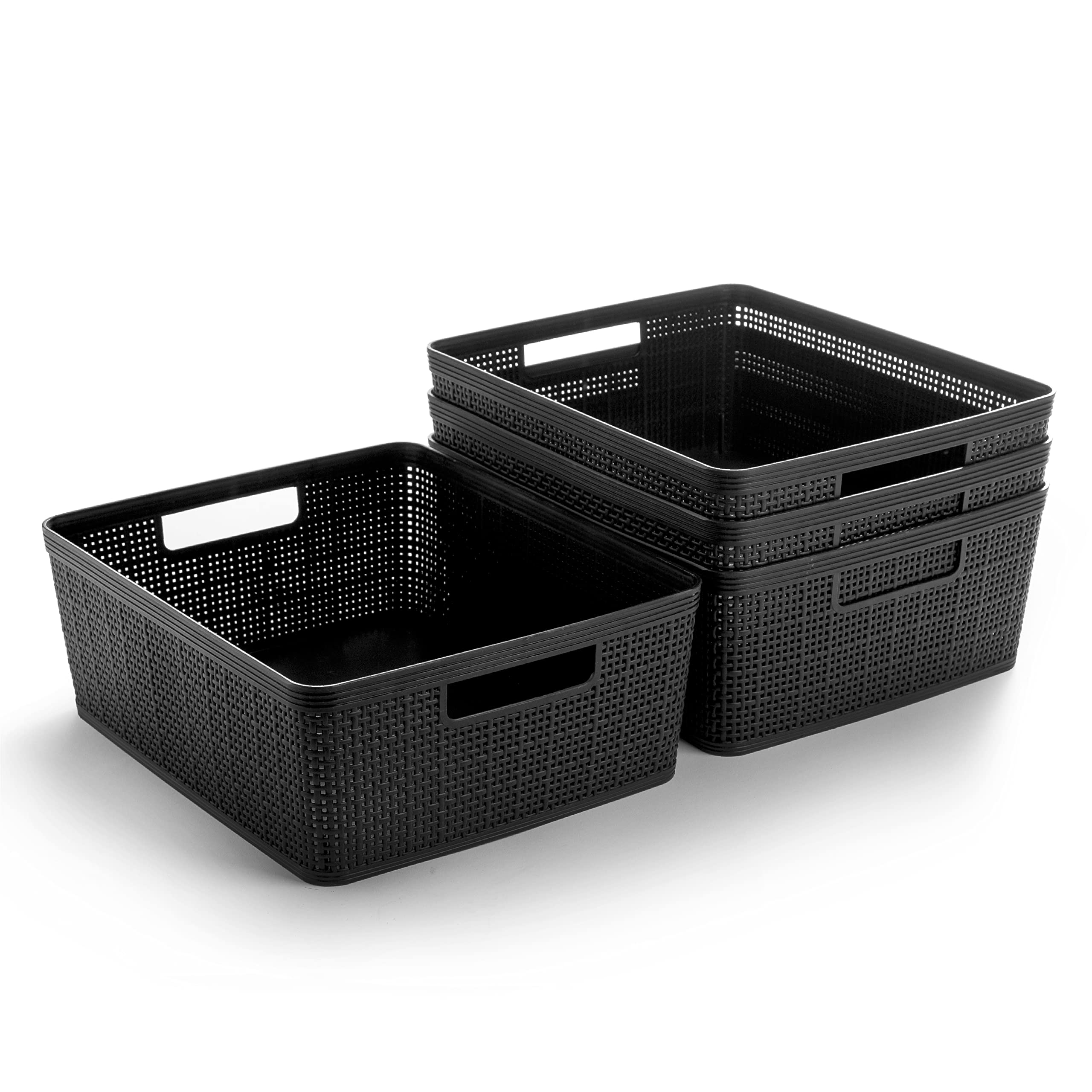 BINO medium woven plastic basket front view showing neat stackable storage benefit