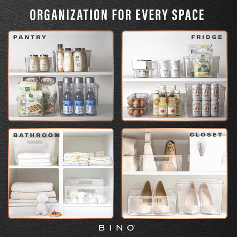 BINO bins on pantry shelf grouping snacks to maximize space
