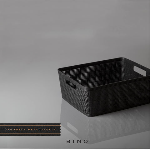 BINO basket next to everyday objects showing size and capacity for planning storage