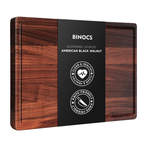 BINOCS walnut cutting board front view showing elegant grain and solid construction benefit: attractive prep surface