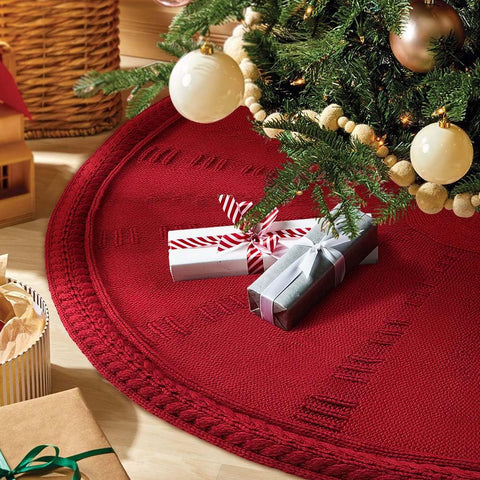 BINSUNS front view of full red knit tree skirt creates cozy holiday base