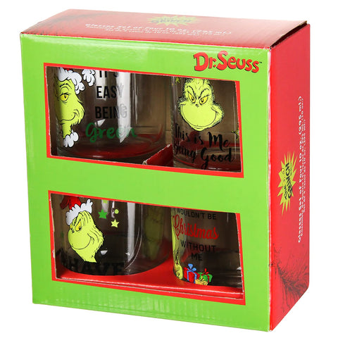 Bioworld Grinch glass on table in holiday setting for entertaining use
