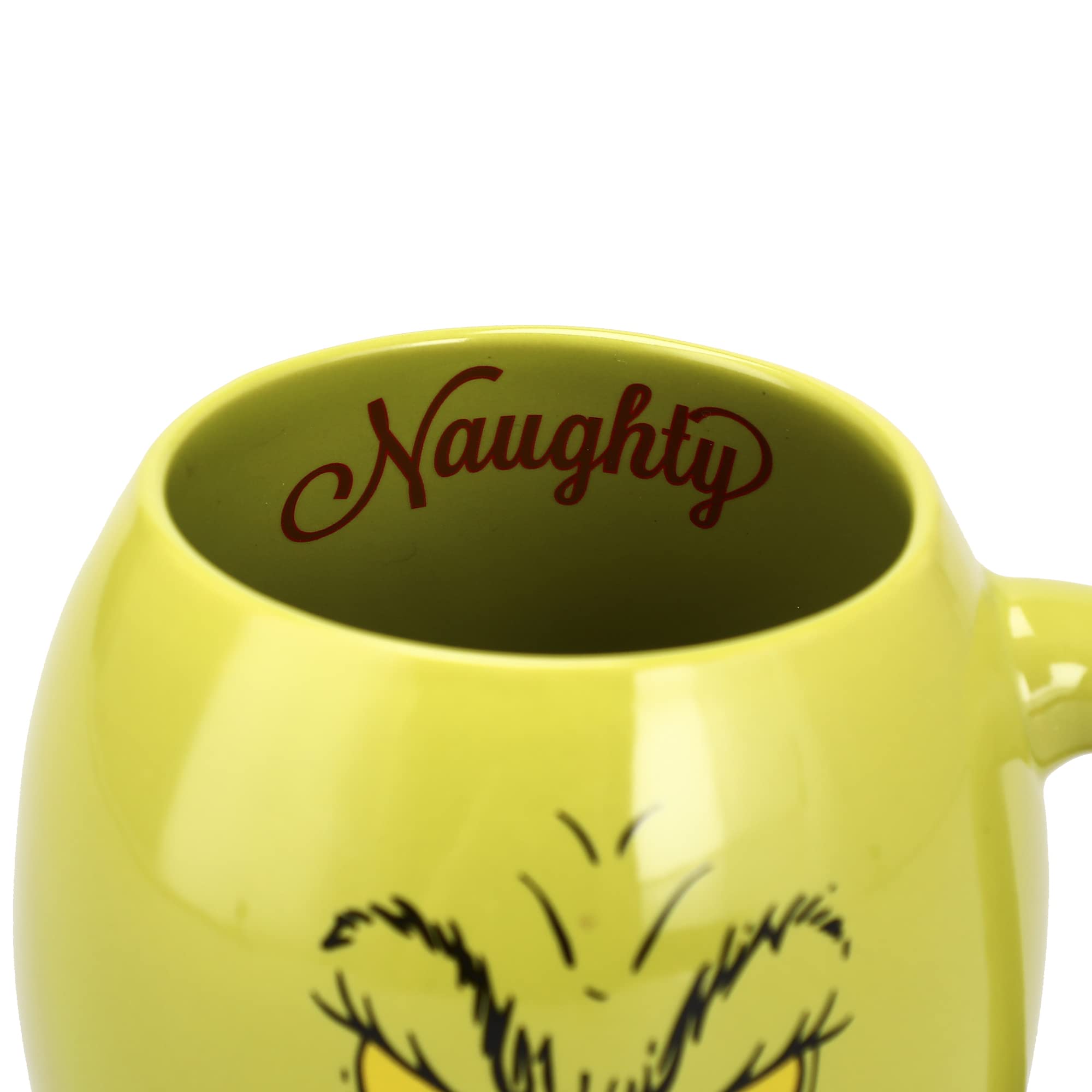 Bioworld Grinch inside view showing red naughty and nice lettering for playful surprise