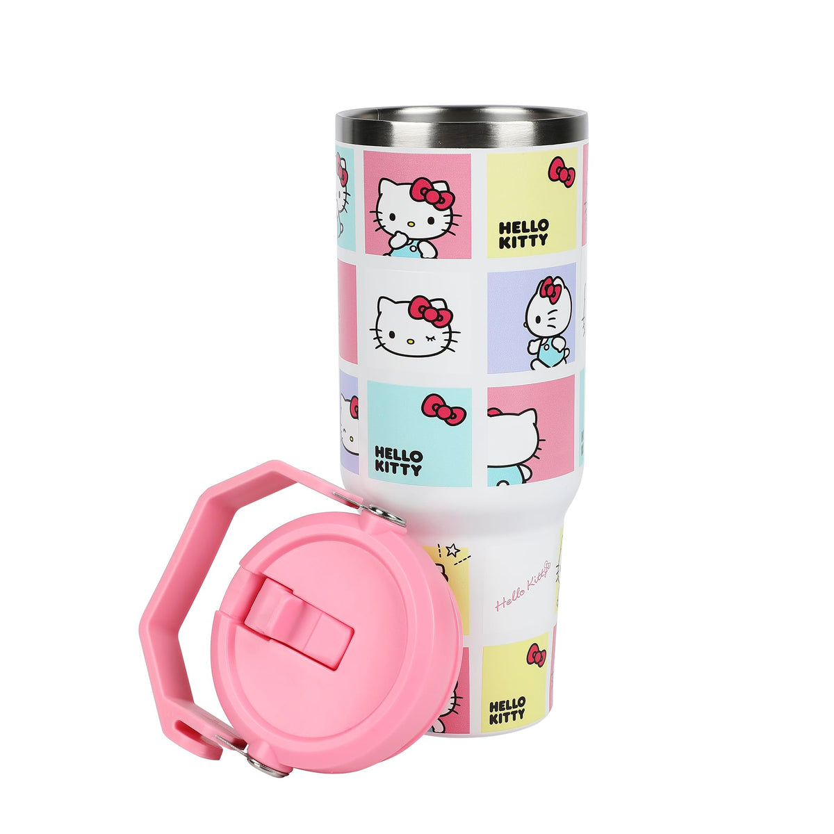 Bioworld Hello Kitty front view shows cheerful squares and immediate visual appeal