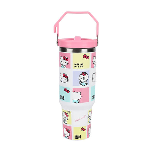 Bioworld Hello Kitty beside standard bottle to show 40 oz large capacity