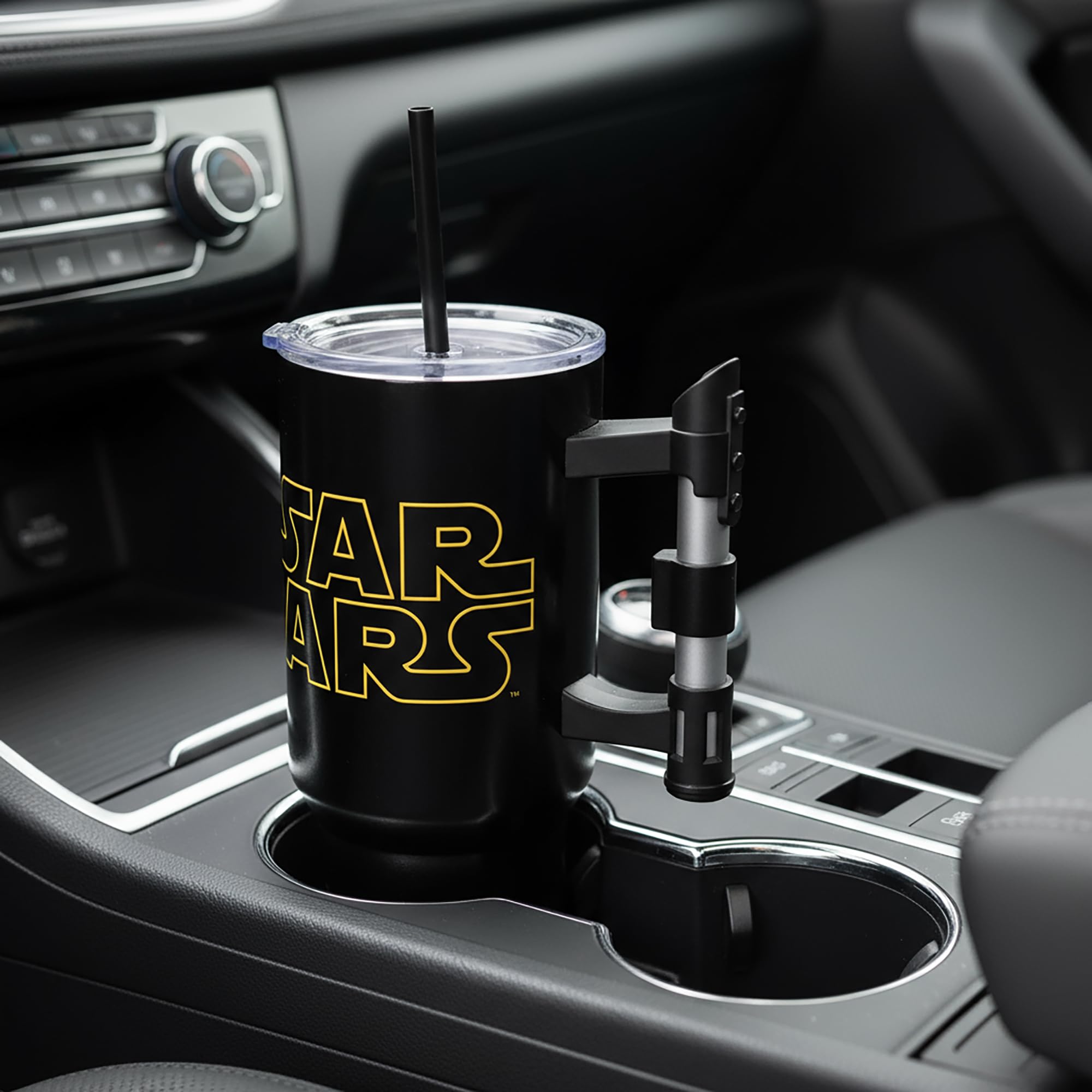 Bioworld tumbler in car cupholder providing stable travel use