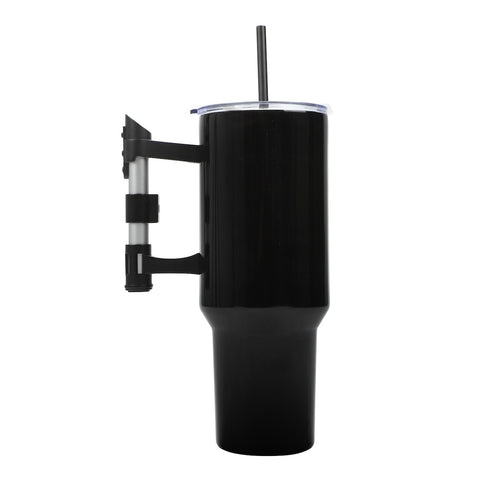 Bioworld tumbler held in hand showing 40 oz capacity and portability
