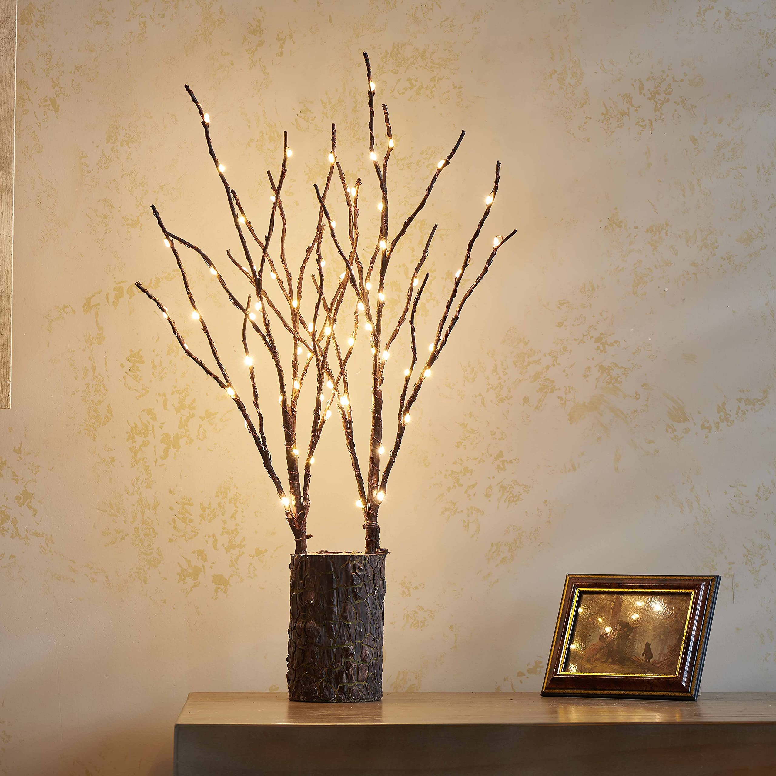 Birchlitland evening mantel scene illustrating cozy warm-white illumination