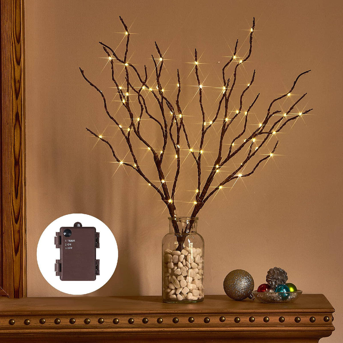Birchlitland front view of 18in brown branches showing warm white glow benefit
