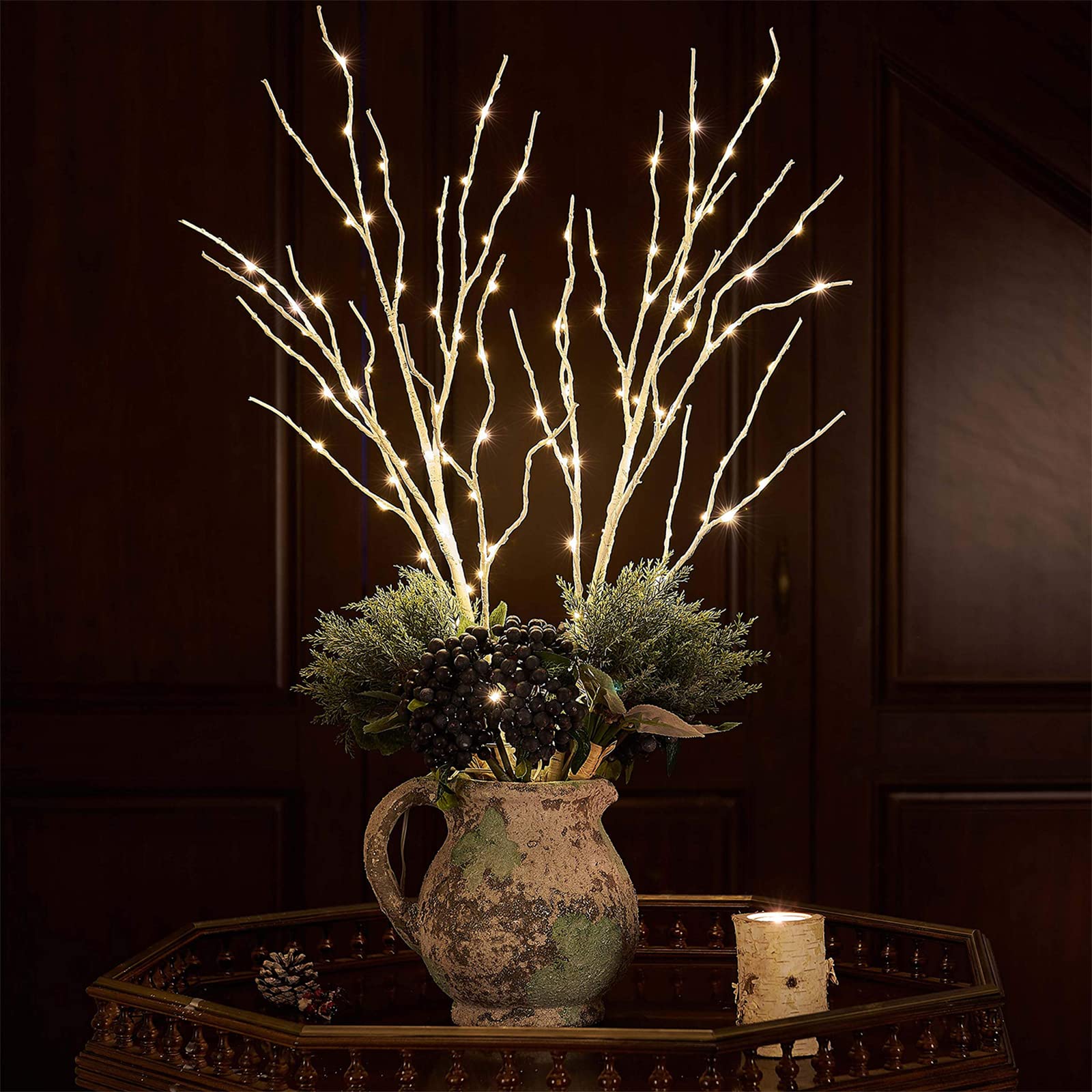 Birchlitland branches on mantel creating festive fireplace atmosphere