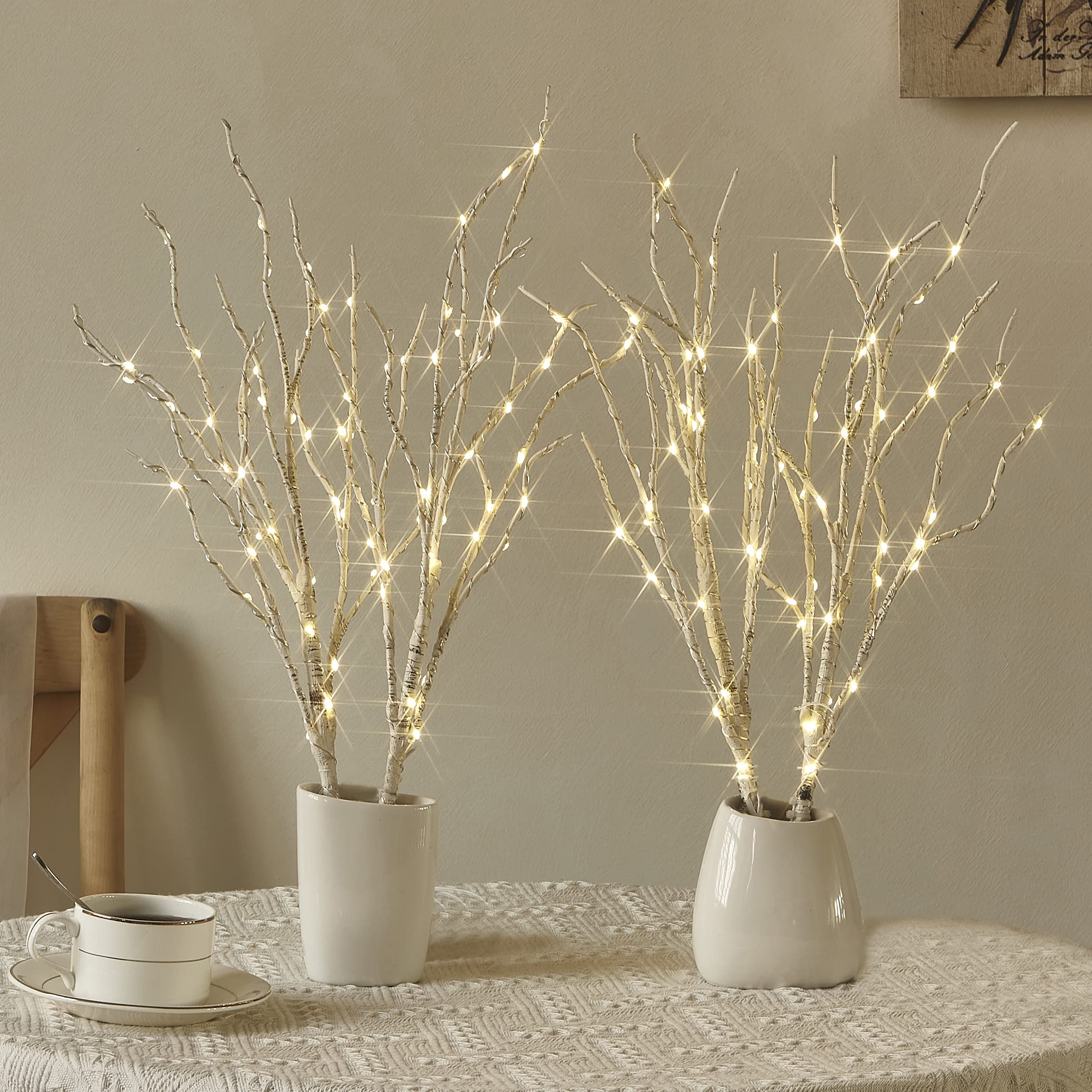 Birchlitland branches on mantel at night, adds cozy warm-white glow to room