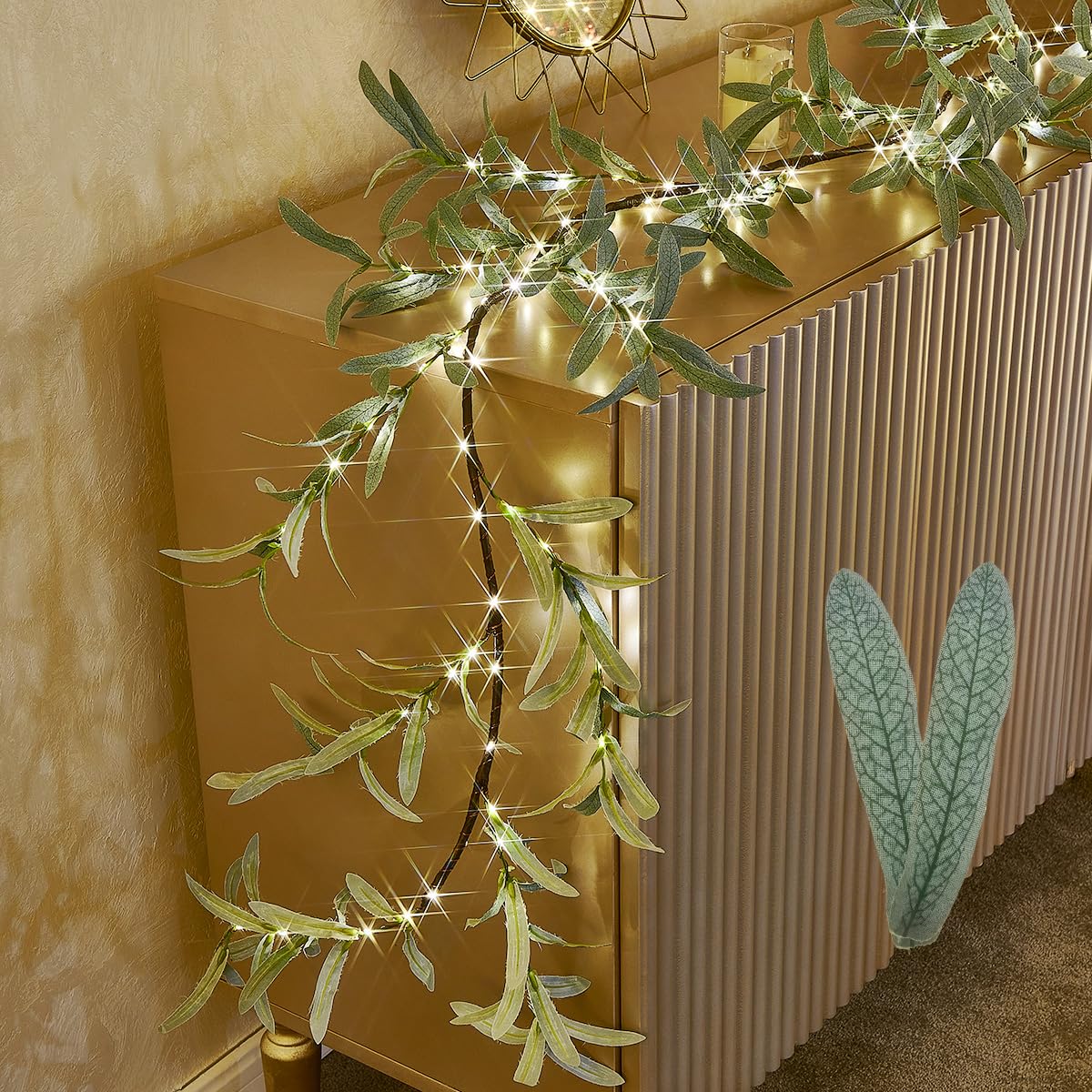 Birchlitland olive garland front view shows full length and warm glow