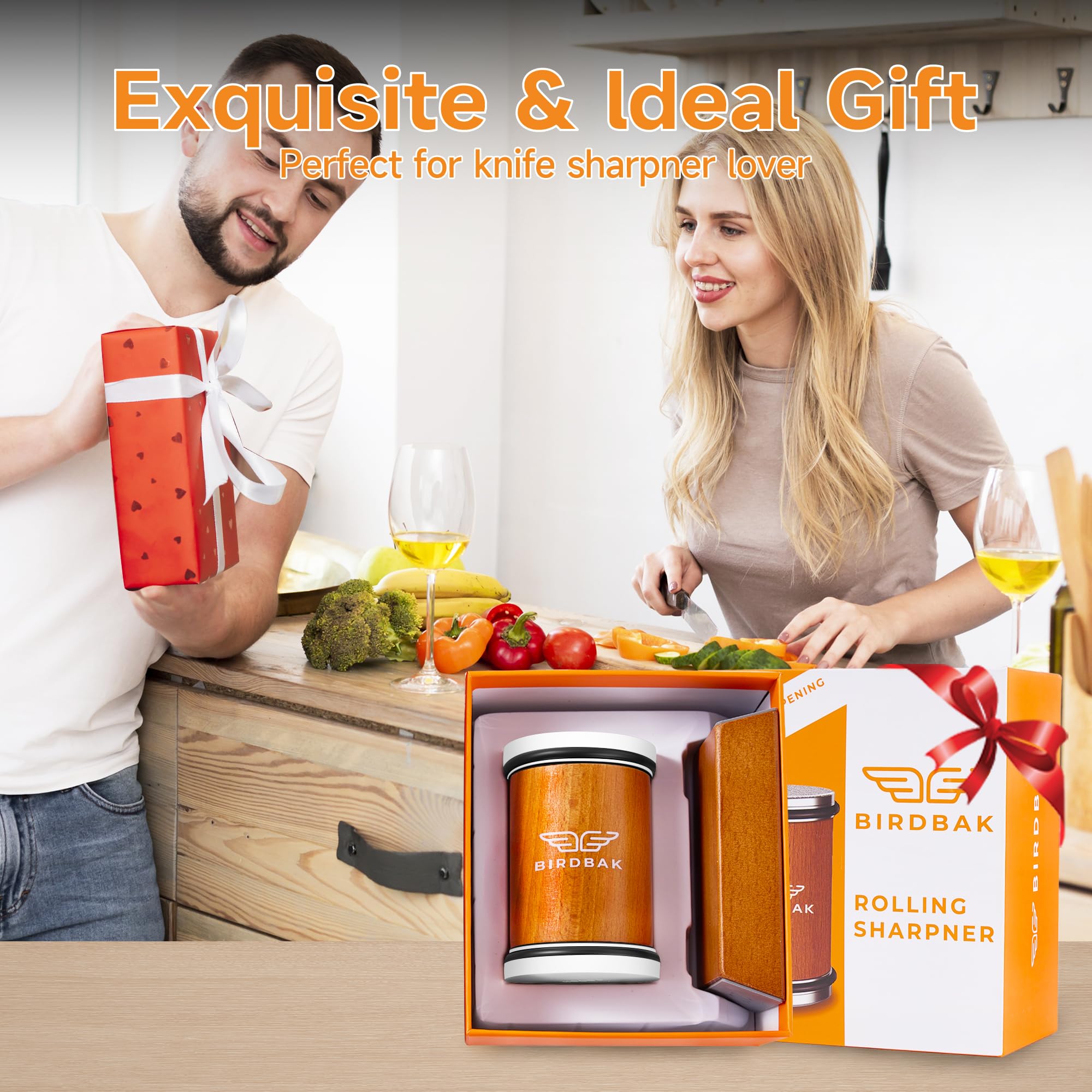 BIRDBAK premium gift packaging laid out with sharpener benefit: attractive present-ready box