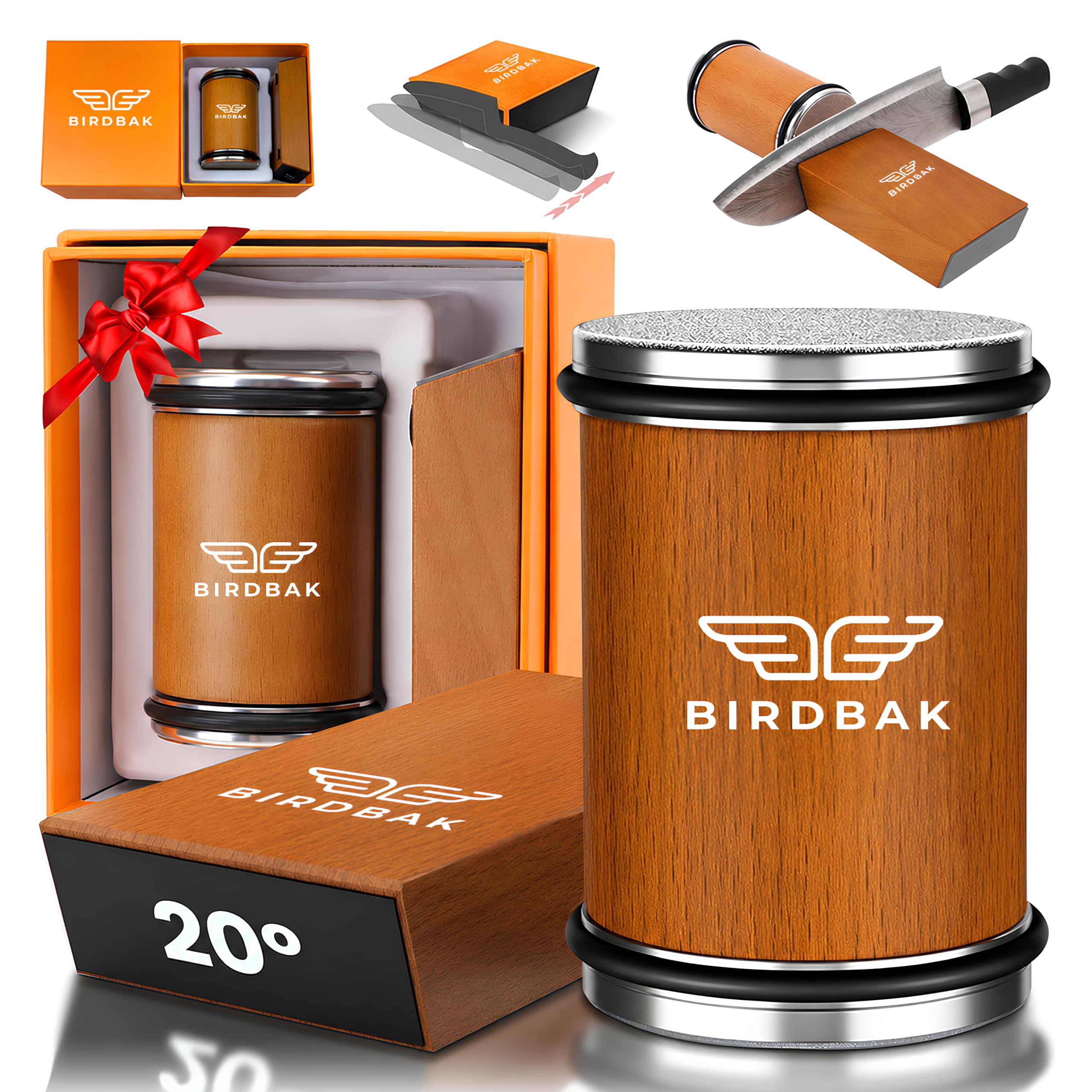 BIRDBAK front view of rolling sharpener showing compact brown body and controls benefit: easy storage