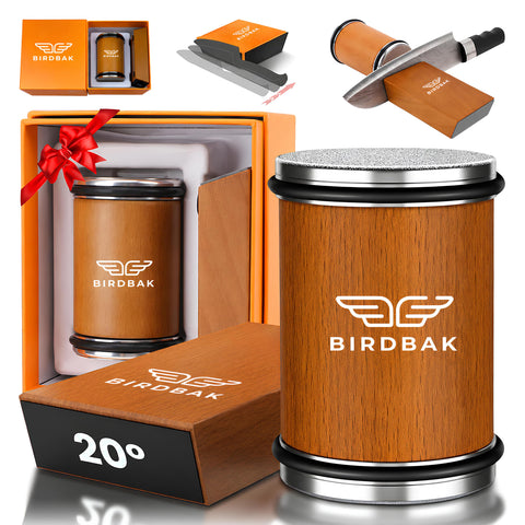 BIRDBAK front view of rolling sharpener showing compact brown body and controls benefit: easy storage