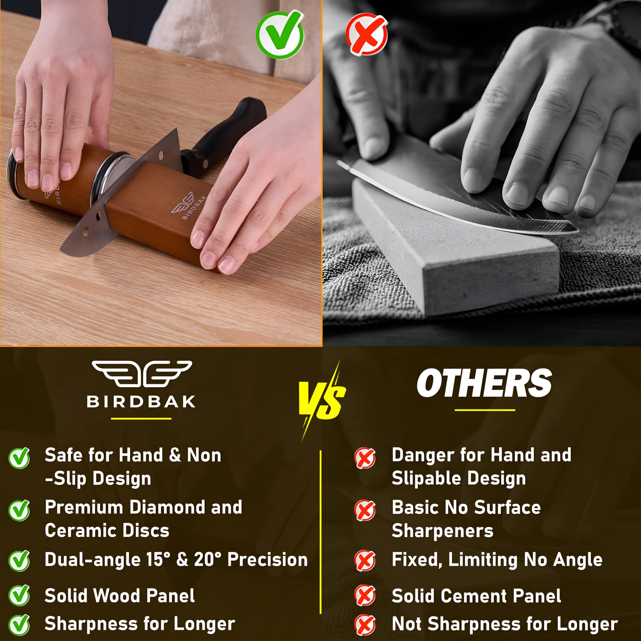 BIRDBAK size comparison with chef knife showing scale and portability benefit: compact design