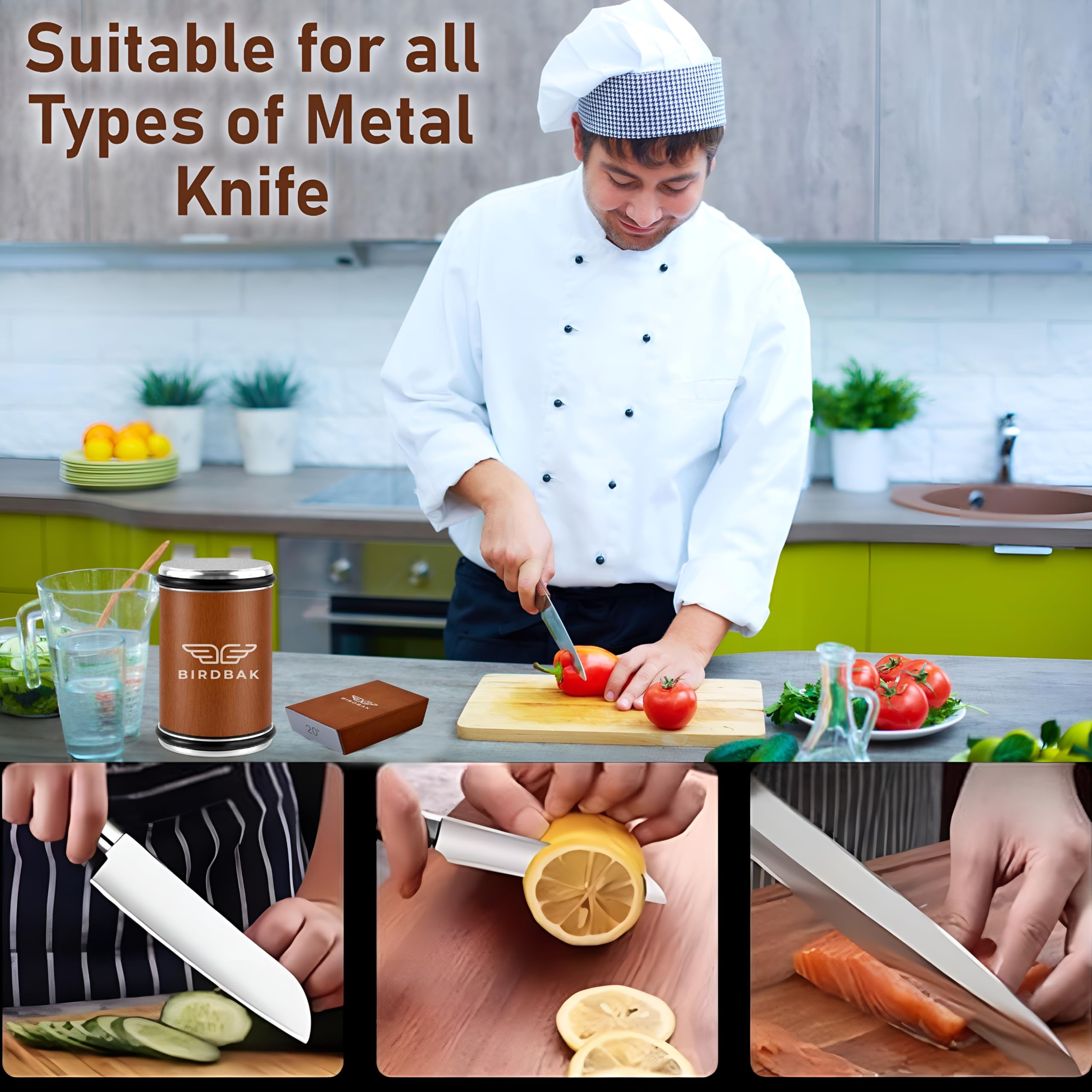 BIRDBAK sharpener being used on a knife in a kitchen benefit: practical, everyday use