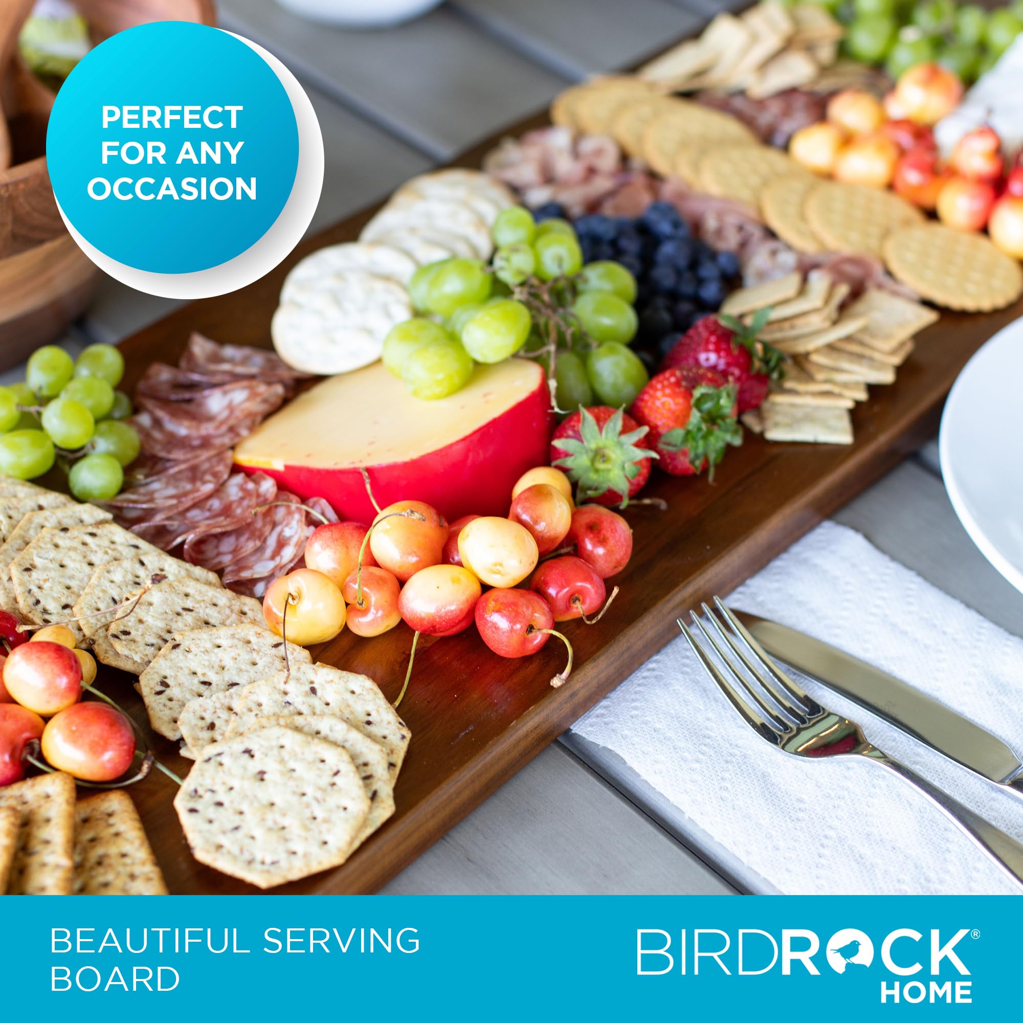 BIRDROCK HOME board with bread and cheese close-up emphasizes serving versatility