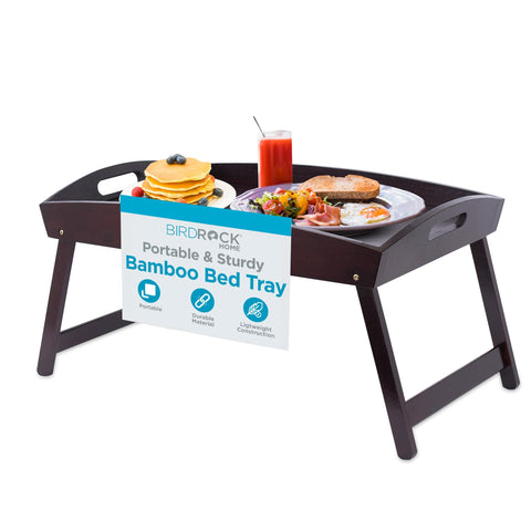 BIRDROCK HOME bed tray front view showing walnut finish and curved sides, elegant serving