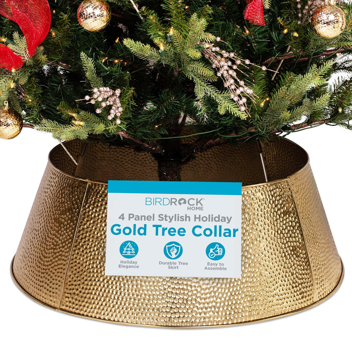 BIRDROCK HOME front view of gold metal tree collar enhancing tree base