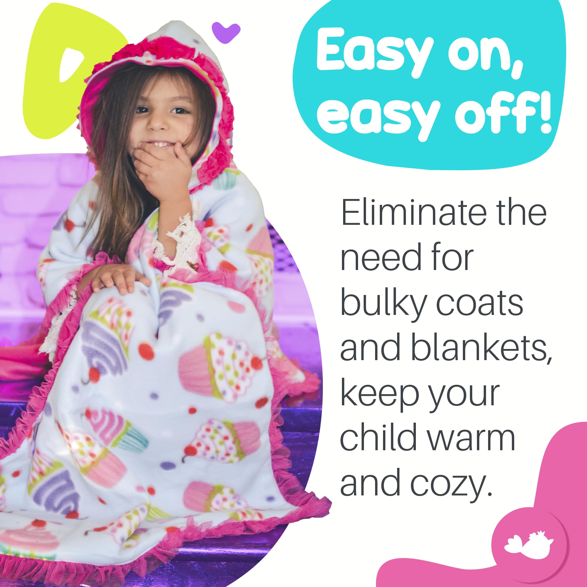 Birdy Boutique poncho fitted over car seat demonstrating safe harness compatibility