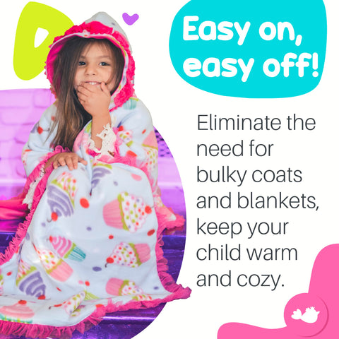 Birdy Boutique poncho fitted over car seat demonstrating safe harness compatibility