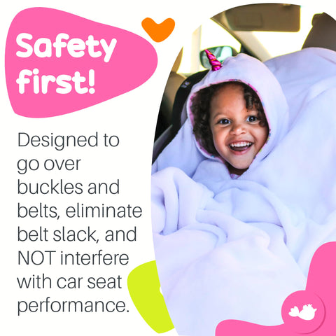 birdyboutique child wearing poncho in car seat showing safe harness fit